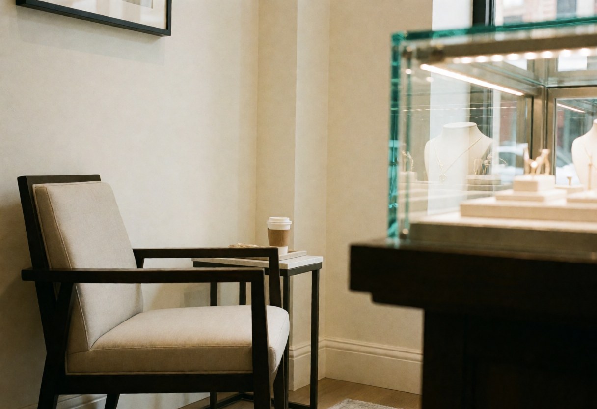 Modern chair and jewelry counter in a bright, professional store with natural light and elegant decor
