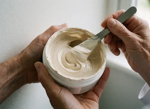 Macro close-up of beige hair mask in white jar being applied with metal spatula held by adult hands against white wall