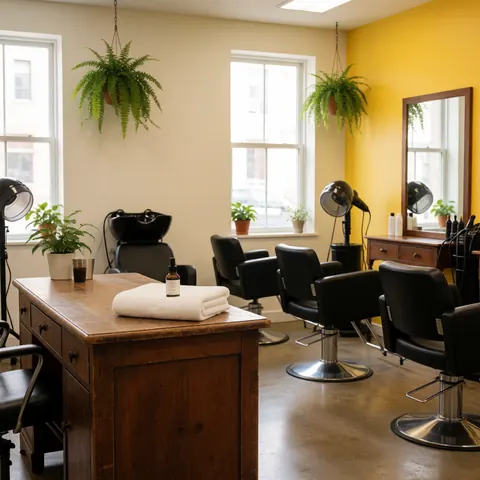 Wooden reception desk in a hair salon featuring a white towel and hair care product, set against a yellow wall with hanging plants and natural light.