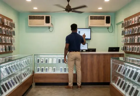 A sales associate displays a smartphone screen to a customer in a green-walled electronics shop with glass display cases and a ceiling fan.
