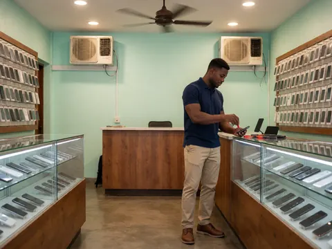A technician uses a screwdriver to repair a mobile phone inside an electronics shop with display cases, green walls, and air conditioning.
