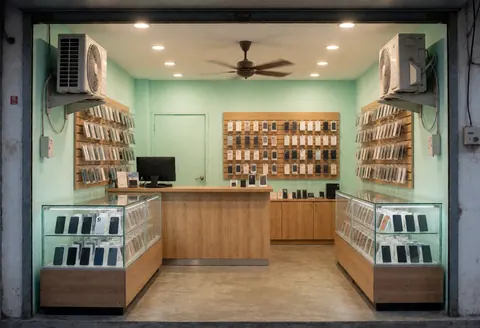 Interior view of a modern electronics shop featuring mint-colored walls, glass counters, air conditioning, and a fan.