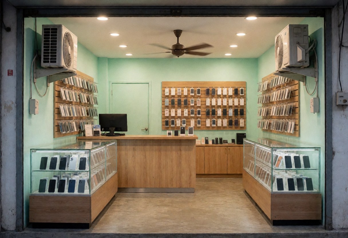 Interior view of a modern electronics shop featuring mint-colored walls, glass counters, air conditioning, and a fan.