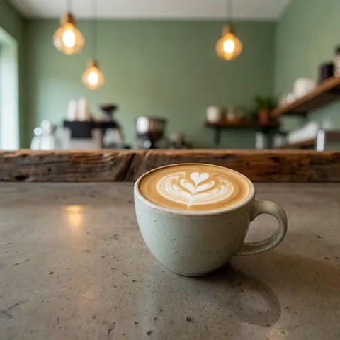 Close-up of a perfect latte with detailed art in a white cup placed on a concrete counter against a green wall with warm lighting