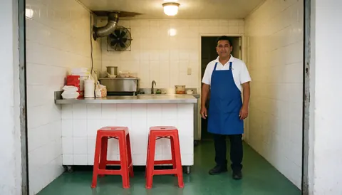 Clean fast food kitchen interior featuring an employee, red chairs, white walls, green floor, and professional atmosphere