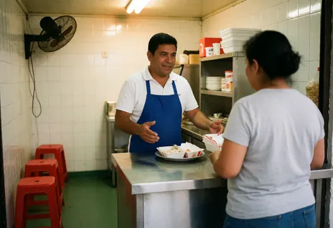 A smiling staff member assists a customer at a fast food counter, handing over an order of fries and a drink while processing the payment.