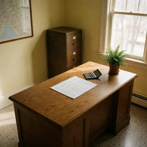 A wooden desk featuring a financial report, calculator, yellow wall, map, and plant near a window