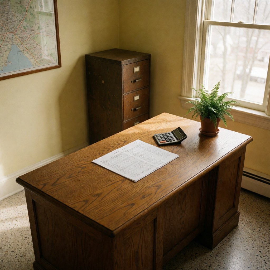 A wooden desk featuring a financial report, calculator, yellow wall, map, and plant near a window