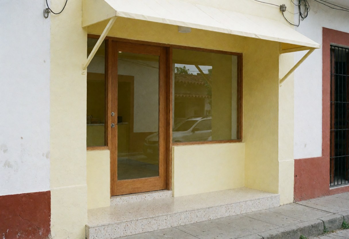The exterior entrance of a small accounting office featuring a wooden door, yellow walls, and a tiled step leading to the street.