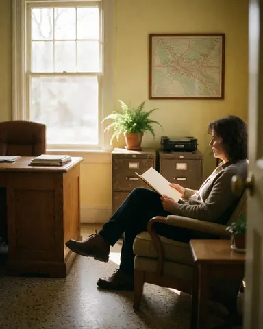 A happy client sitting at a desk in an office, reviewing paperwork and maps with a relaxed and satisfied expression.