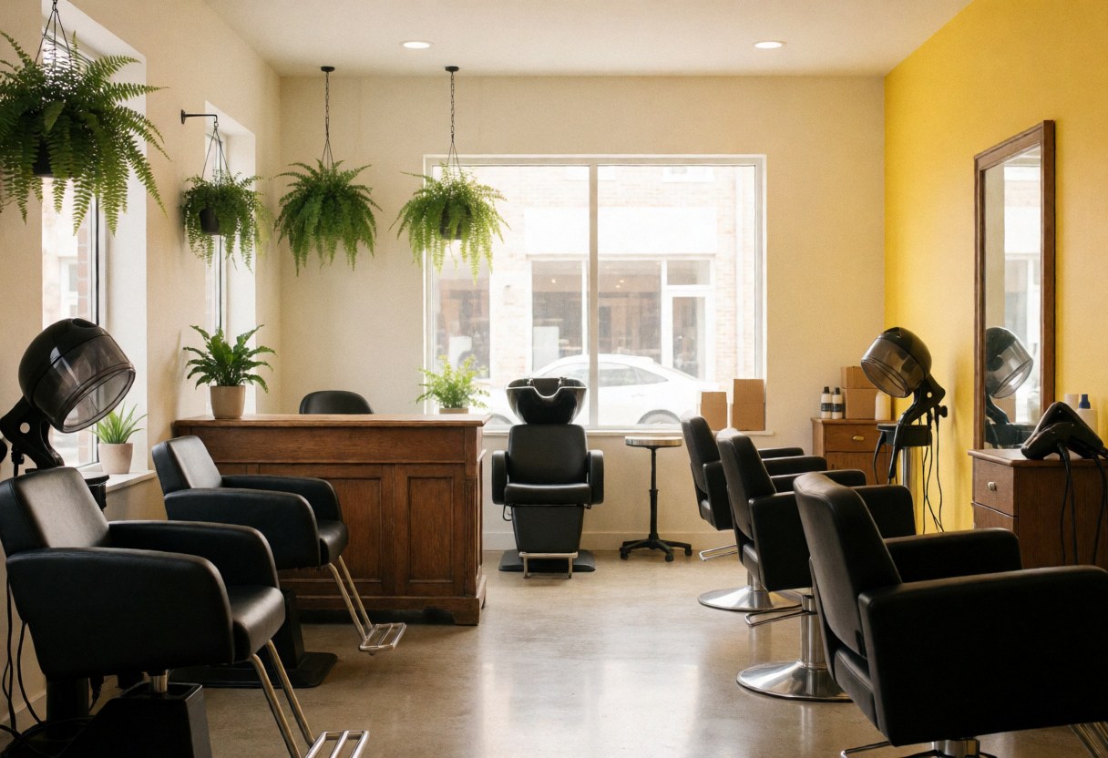 Empty modern hair salon interior featuring black chairs, mirrors, hanging plants, yellow walls, and natural light from windows.