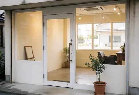 Welcoming hair salon entrance featuring a glass door, cream walls, polished floor, potted plant, and visible interior seating area.