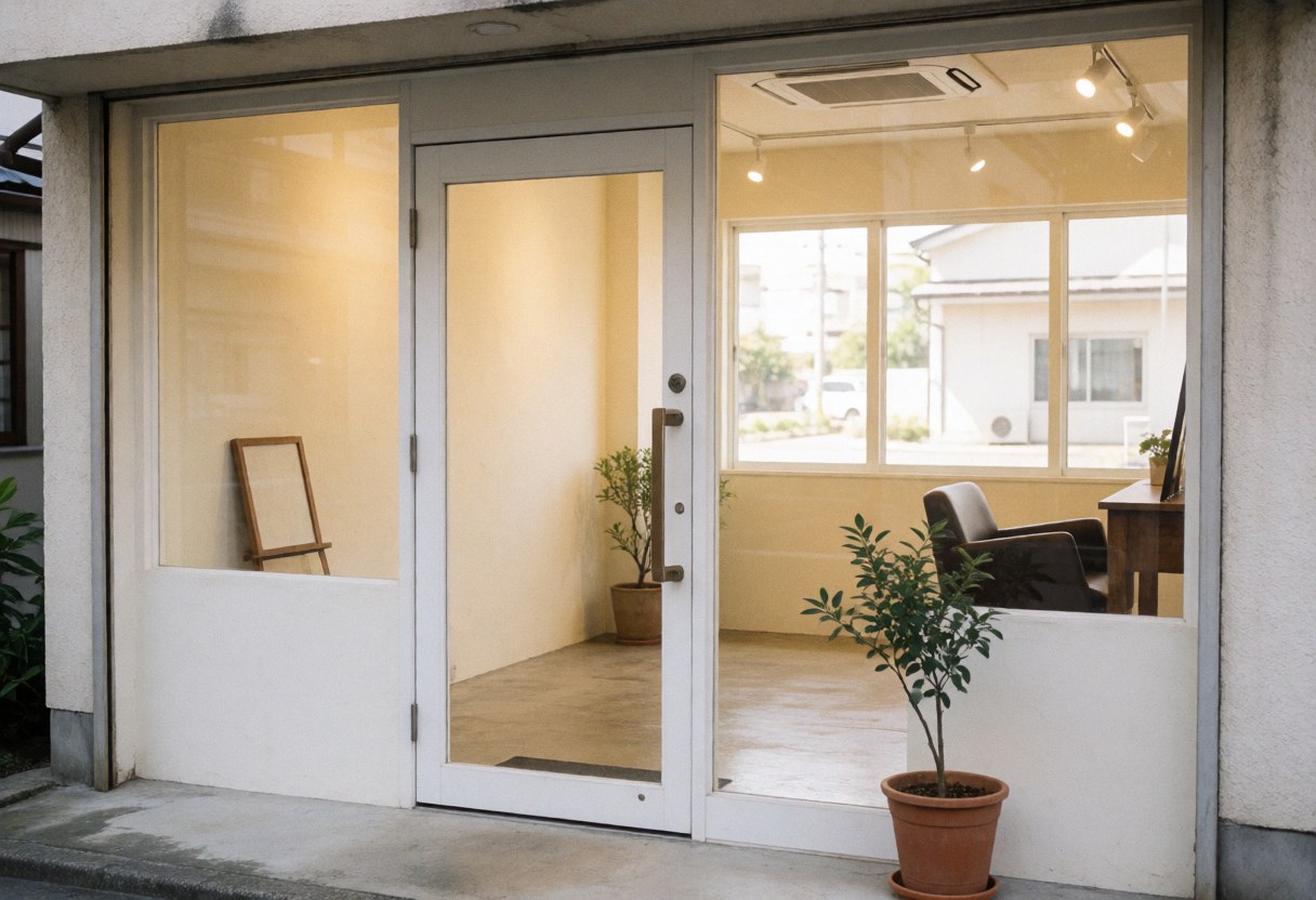 Welcoming hair salon entrance featuring a glass door, cream walls, polished floor, potted plant, and visible interior seating area.