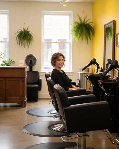 A smiling client with short styled hair sitting in a black salon chair near a window with natural light and hanging plants