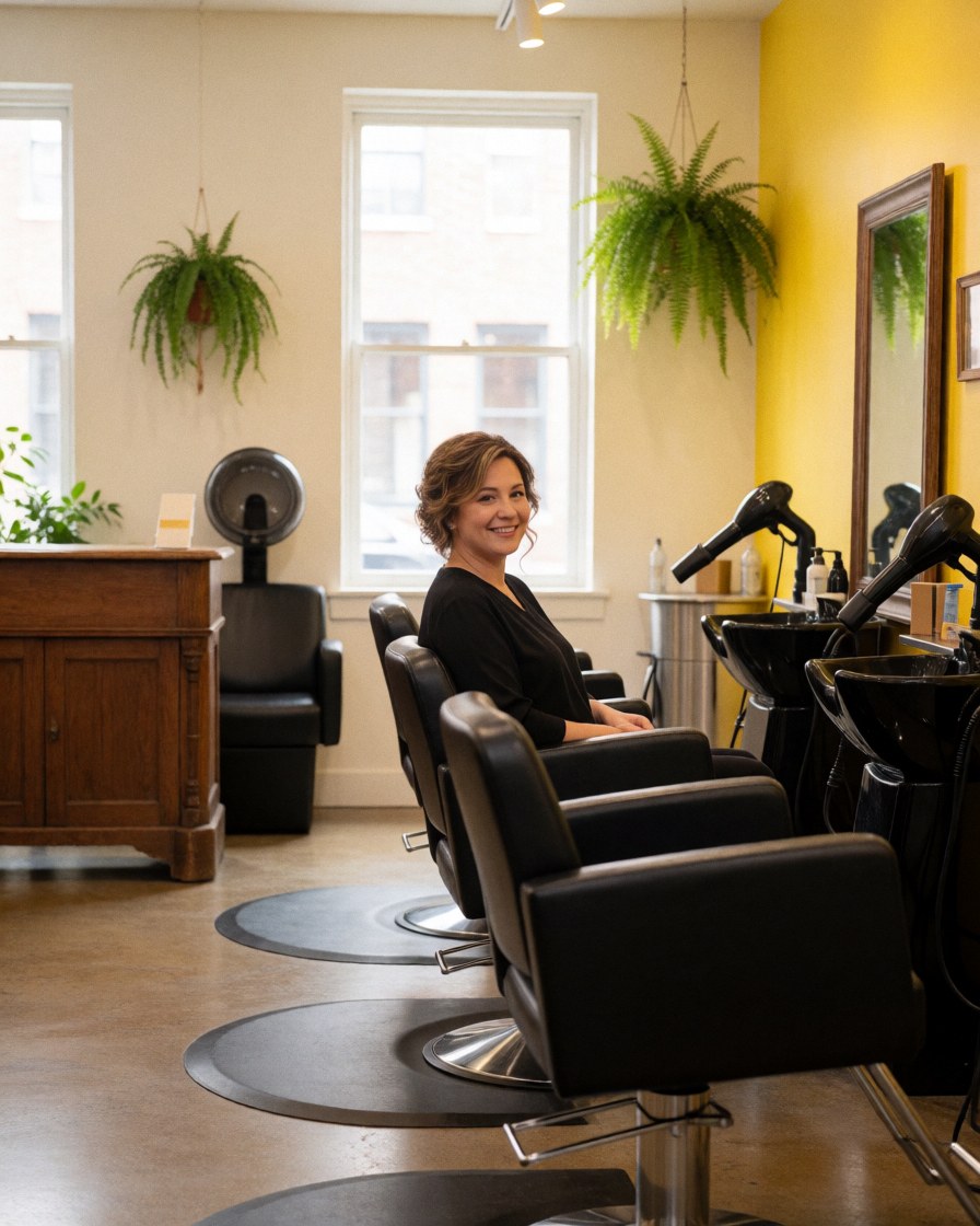 A smiling client with short styled hair sitting in a black salon chair near a window with natural light and hanging plants