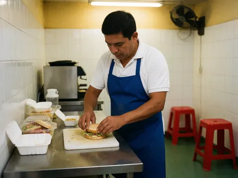 A man prepares a hamburger on a stainless steel table in a small kitchen with white walls, red chairs, and a fan in the background.