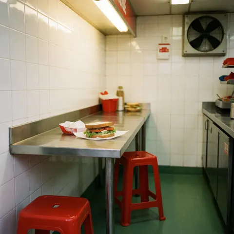 A delicious fast food sandwich served on a steel table with red chairs, white walls, and a green floor under warm lighting