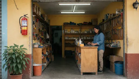 A woman works in a hardware store with yellow walls, wooden shelves, a red fire extinguisher, and a green plant near the entrance.