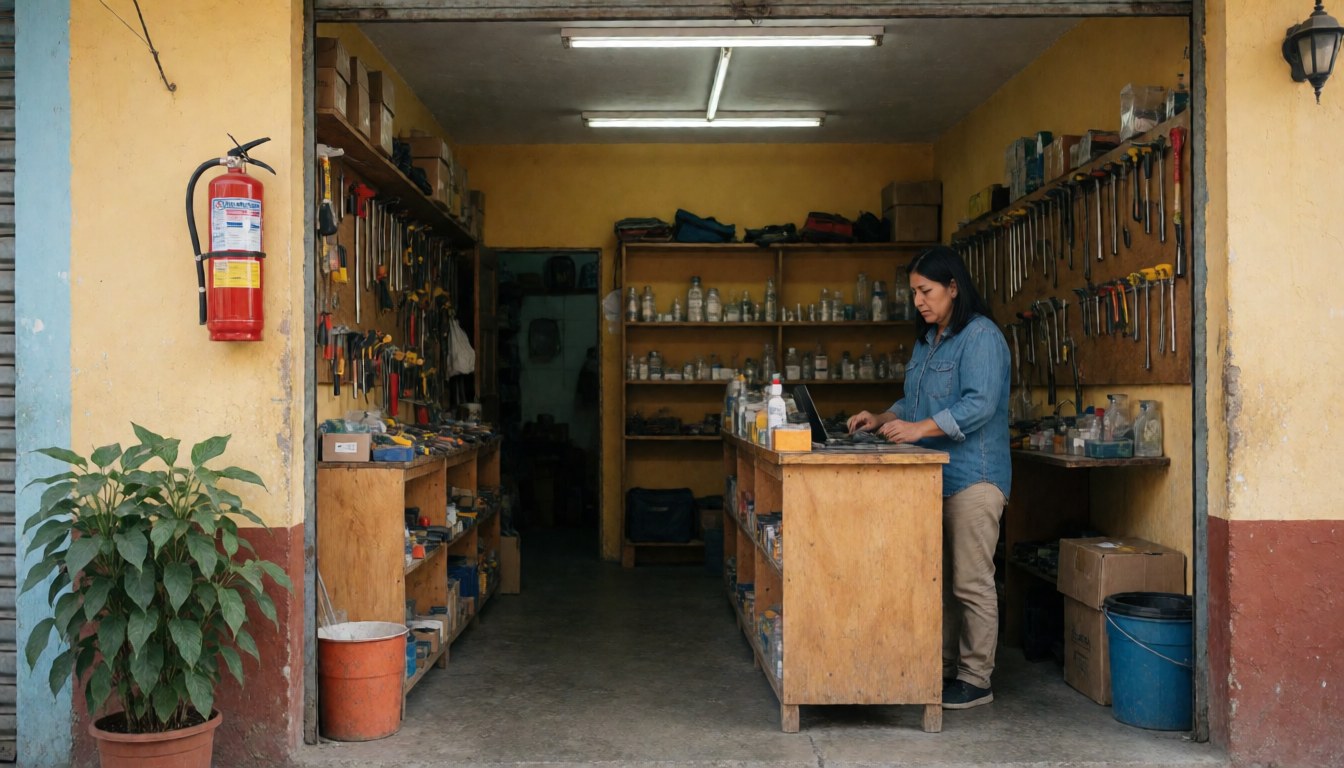 A woman works in a hardware store with yellow walls, wooden shelves, a red fire extinguisher, and a green plant near the entrance.