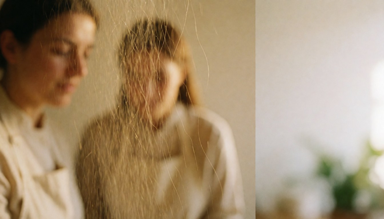 Hair falling in a salon studio with warm tones, soft background, and empty space on the right for text and minimalist design.