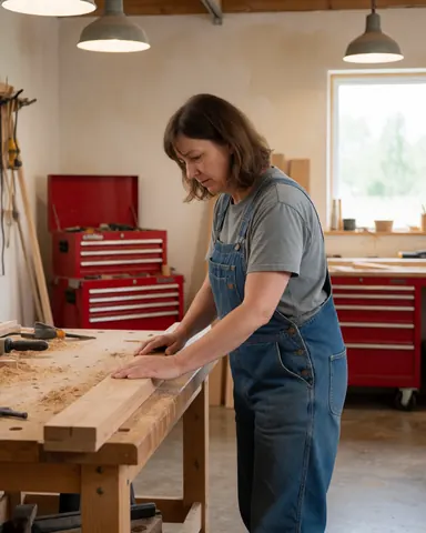 A female carpenter works in a workshop, using a power drill on a wooden board with various tools visible nearby