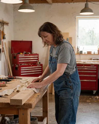 A female carpenter works in a workshop, using a power drill on a wooden board with various tools visible nearby