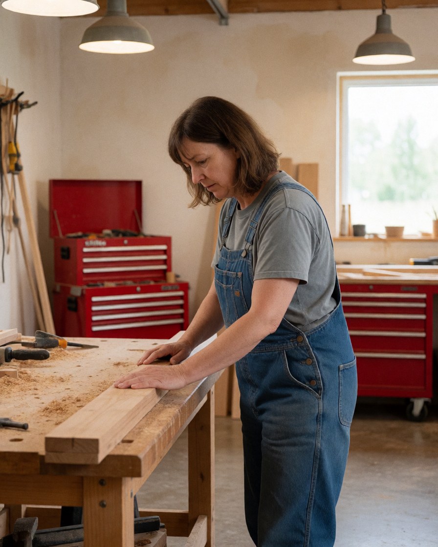 A female carpenter works in a workshop, using a power drill on a wooden board with various tools visible nearby