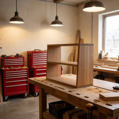 A finished wooden shelf in a carpentry workshop with tools, hanging lights, and a window with natural light