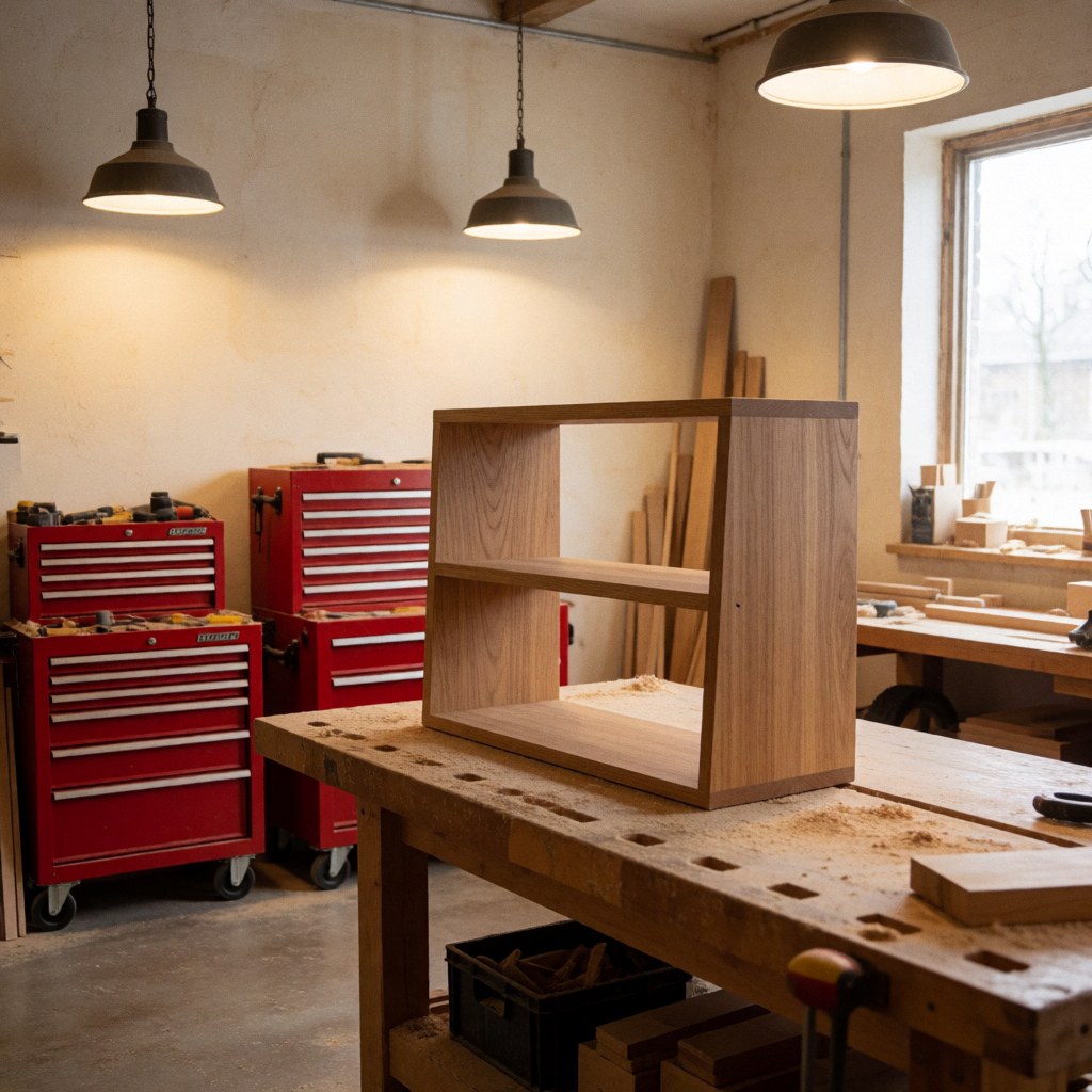 A finished wooden shelf in a carpentry workshop with tools, hanging lights, and a window with natural light