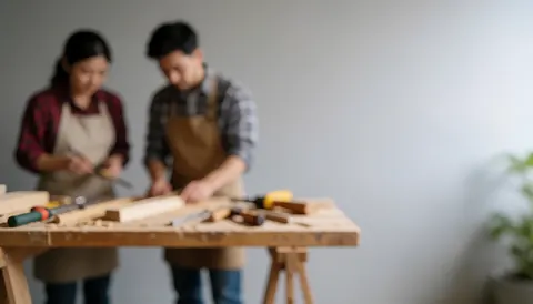 Carpentry workbench with wooden tools on a neutral background with empty space on the right for commercial text