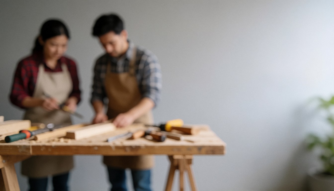 Carpentry workbench with wooden tools on a neutral background with empty space on the right for commercial text
