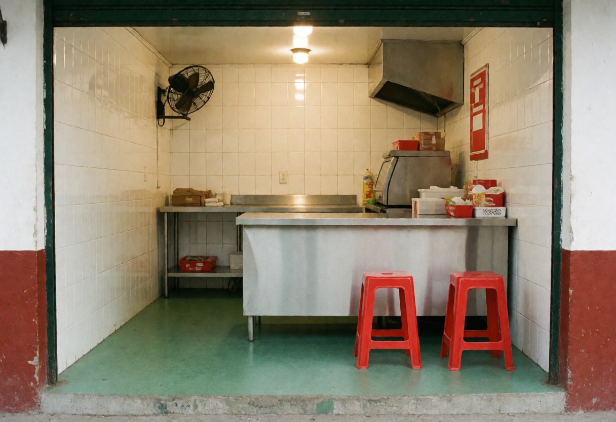An inviting storefront and interior view of a small fast food restaurant featuring steel tables, red chairs, and simple white walls with green flooring.
