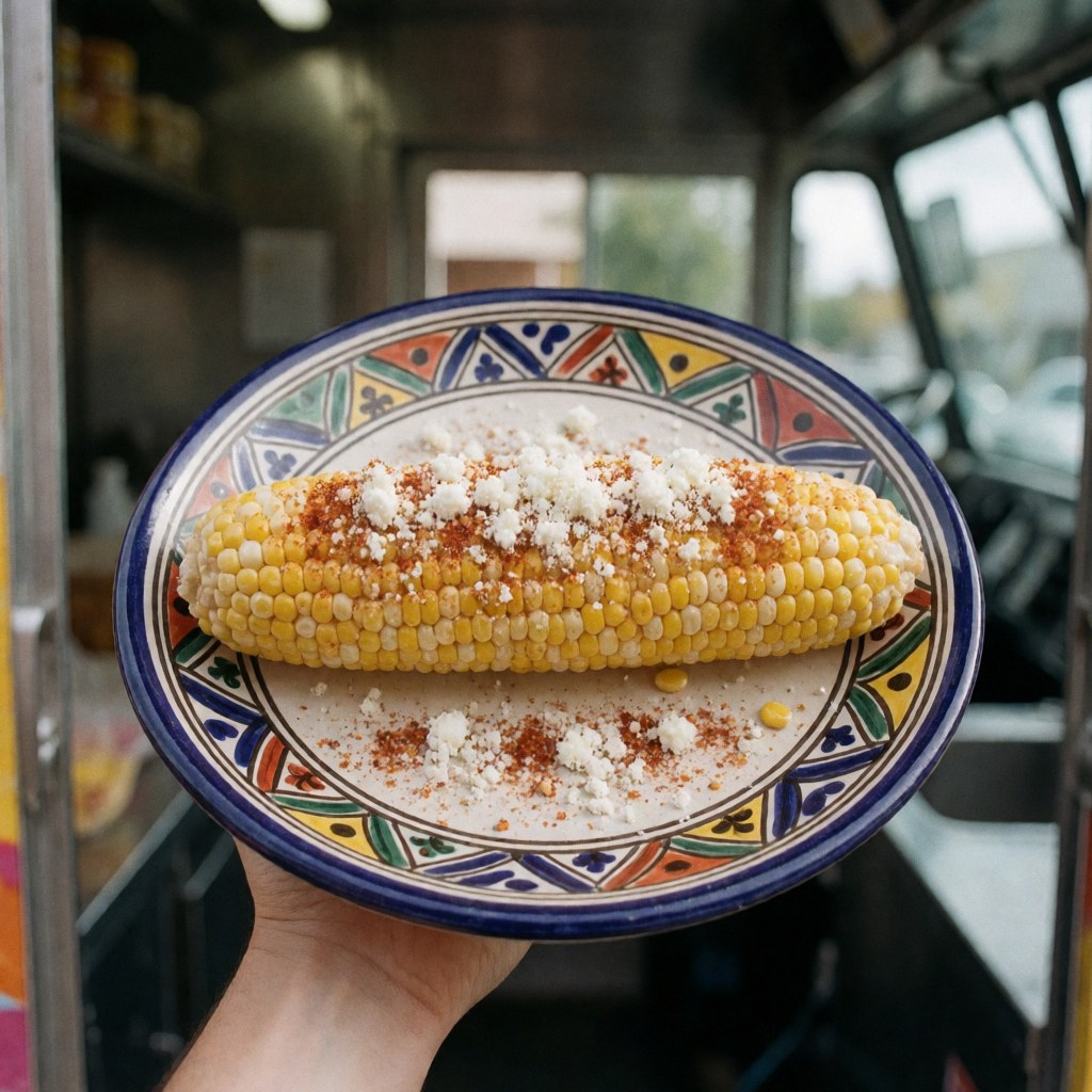 Top view of a grilled corn on the cob served in a ceramic bowl, topped with cotija cheese, chili powder, and lime, ready to eat