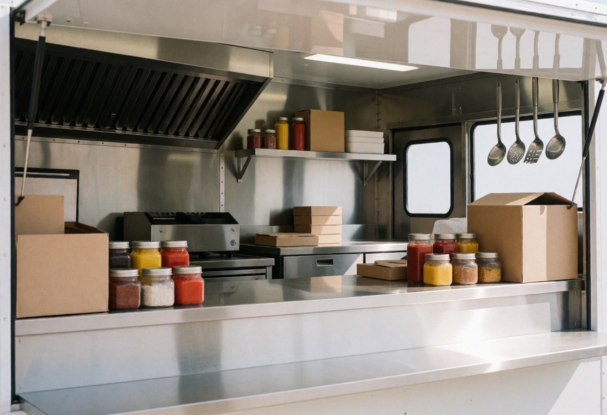 Clean food truck interior featuring a stove, hanging serving spoons, condiments, and stacked boxes ready for serving meals.