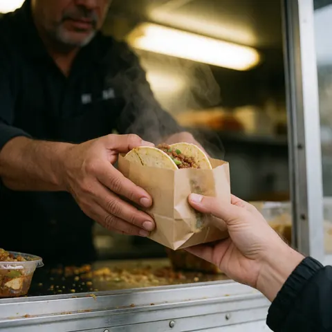 A man hands out steaming hot tacos from a food truck, with visible steam rising in a realistic setting.
