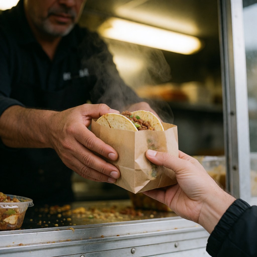 A man hands out steaming hot tacos from a food truck, with visible steam rising in a realistic setting.