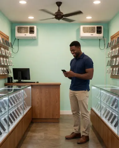 A satisfied customer using a mobile phone inside a technology shop with green walls and display cases full of devices.