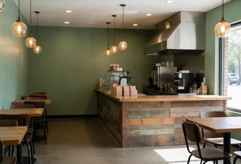 Interior of a coffee shop featuring green walls, a rustic wooden counter, hanging lights, and empty tables ready for service.