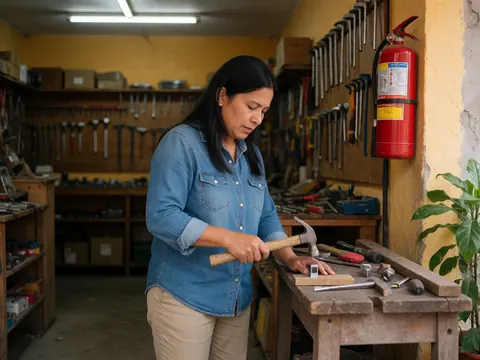 Close-up view of hands using tools with precision on a workbench in a hardware store, with hanging tools and a yellow wall in the background