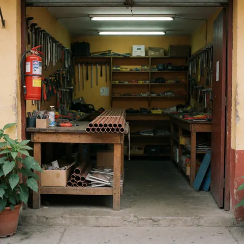 Copper pipes and hand tools arranged on a wooden workbench in a hardware store with yellow walls and concrete floor