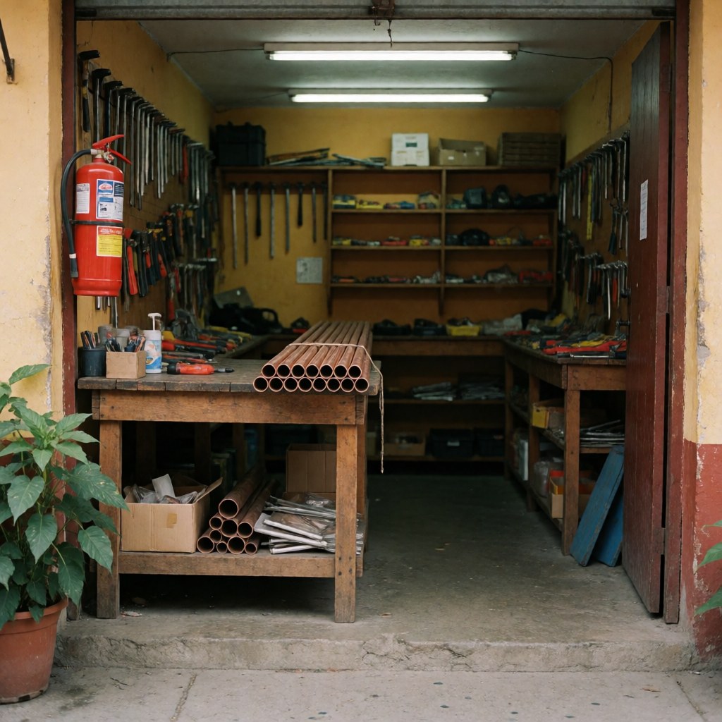 Copper pipes and hand tools arranged on a wooden workbench in a hardware store with yellow walls and concrete floor