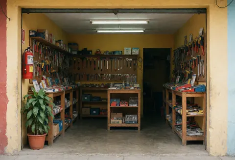 A clean and organized hardware store interior with tools and supplies ready for business opening