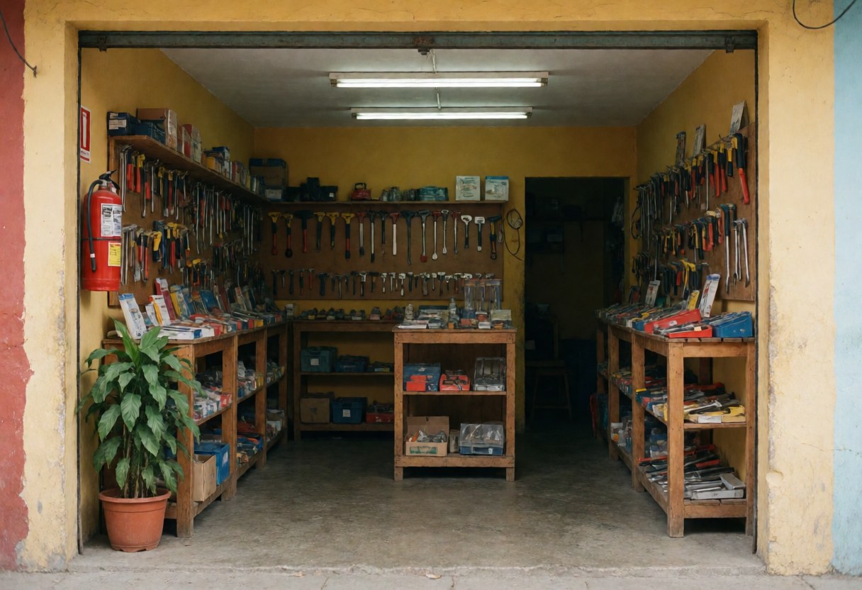 A clean and organized hardware store interior with tools and supplies ready for business opening