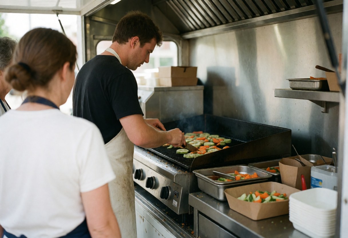 A chef prepares fresh vegetables on a large grill inside a food truck, surrounded by pots, dishes, and natural light.