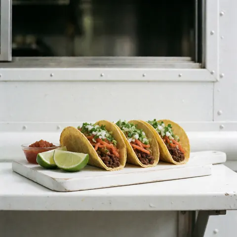 A close-up view of vibrant, colorful tacos arranged neatly on a clean white wooden serving board, showcasing fresh ingredients for a food truck menu.