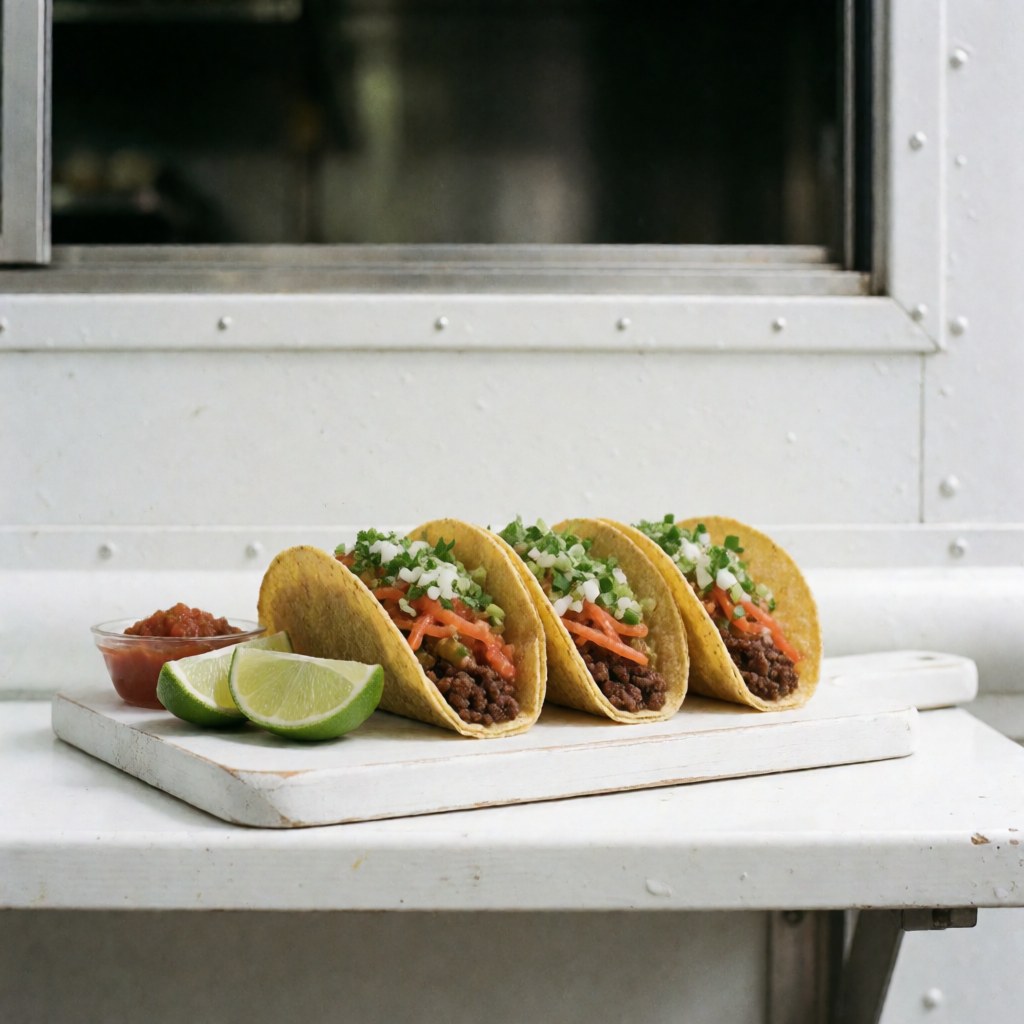 A close-up view of vibrant, colorful tacos arranged neatly on a clean white wooden serving board, showcasing fresh ingredients for a food truck menu.