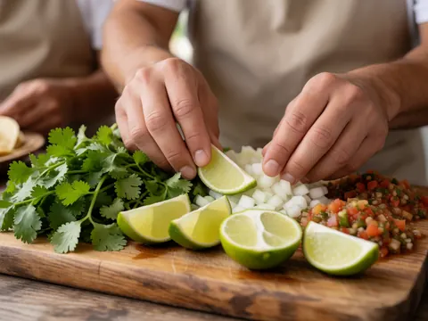 Close-up of fresh taco ingredients including cilantro, onion, and salsa arranged on a rustic wooden cutting board for food truck preparation