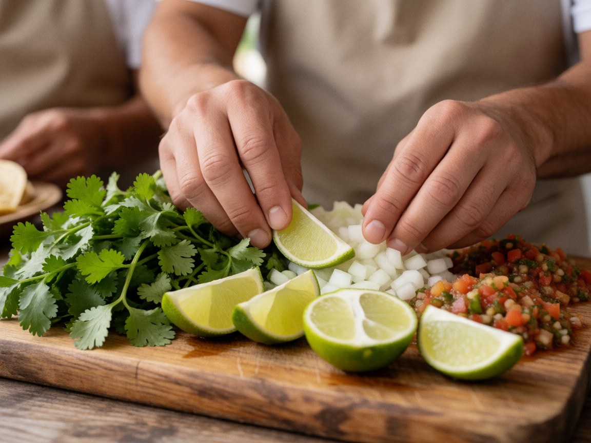 Close-up of fresh taco ingredients including cilantro, onion, and salsa arranged on a rustic wooden cutting board for food truck preparation