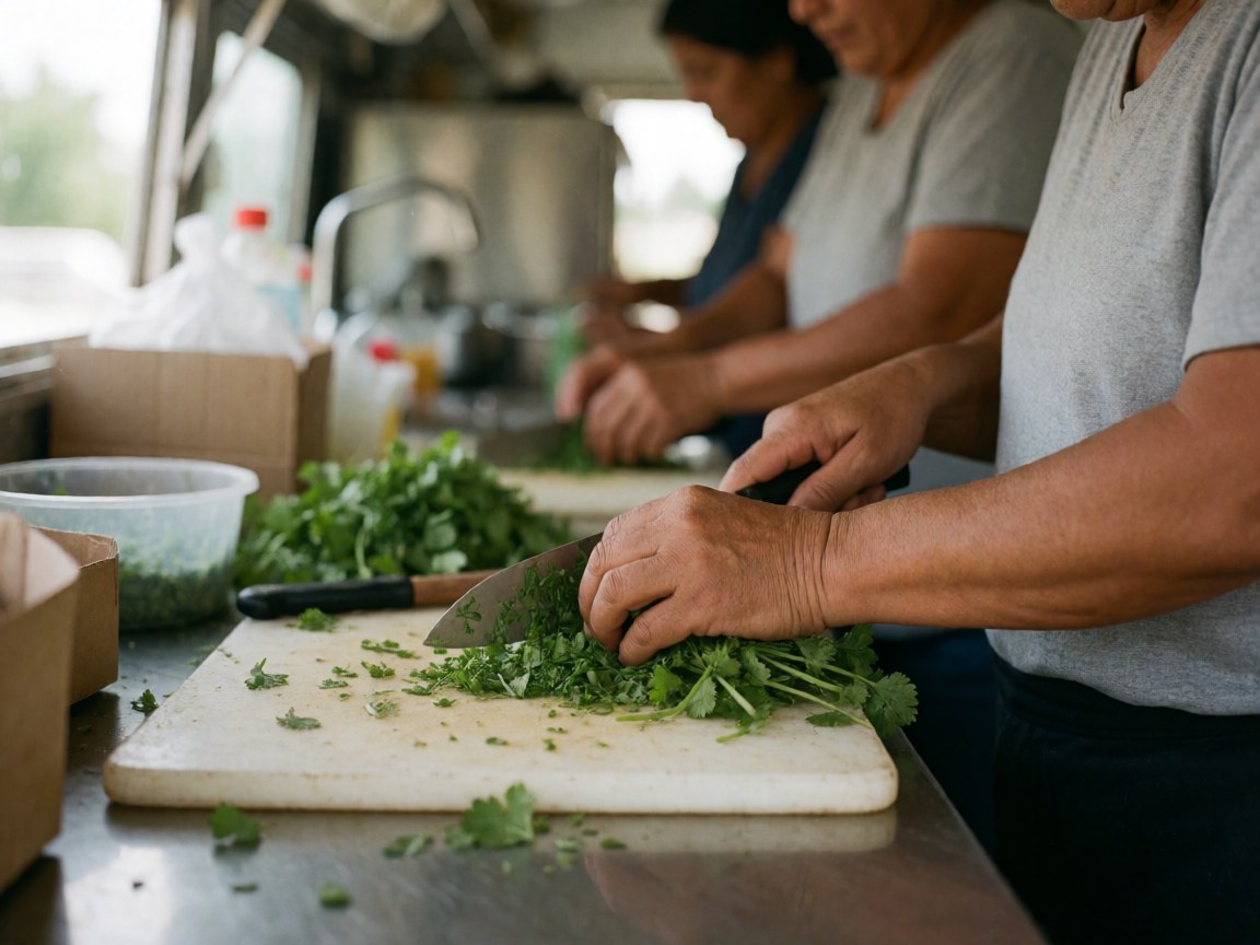 Close-up view of hands chopping fresh cilantro on a cutting board with a knife, highlighting food preparation details for a food truck business