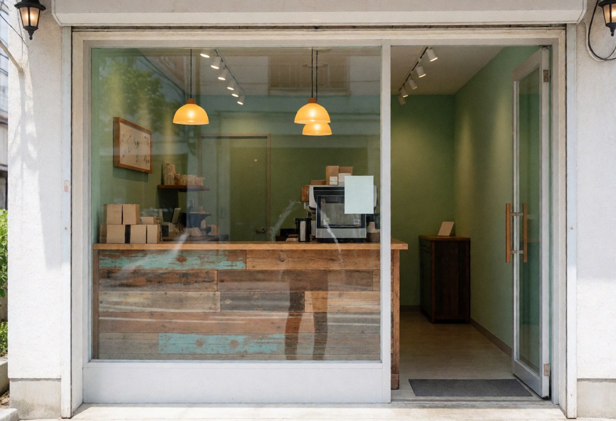 Inviting coffee shop entrance featuring green walls, warm lighting, and a visible rustic wooden counter through the open window.